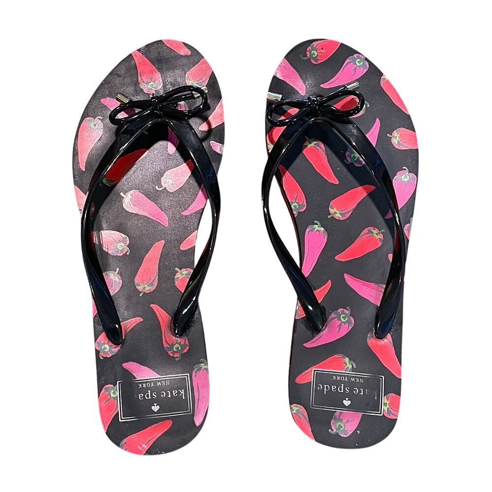 Kate Spade Flip Flops, Black, Red, Chili Pepper Print, Bow Detail, Size 7/8
